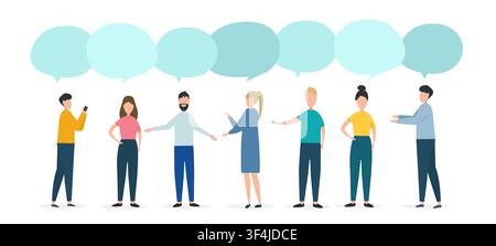People with speech bubbles debating problem on white background, space for text. Vector illustration in flat style Stock Vector