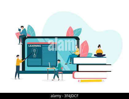 People with gadgets and teacher pointing at tablet screen on white background, vector illustration in flat style Stock Vector