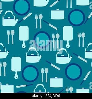 Vector seamless pattern with tableware on blue background. Repeat backdrop with kitchen items. Wallpaper, fabric design Stock Vector