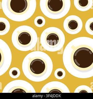 Coffee or tea cups on yellow background, vector seamless pattern. Fresh organic beverages texture. Wallpaper design Stock Vector