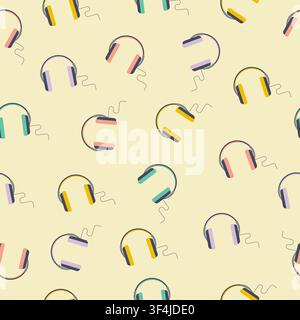 Trendy vector seamless pattern with headphones on beige background. Musical equipment repeat backdrop. Wallpaper design Stock Vector