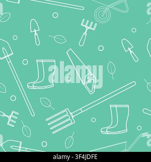 Different gardening tools on turquoise background, vector seamless pattern with thin line icons. Wrapping paper design Stock Vector