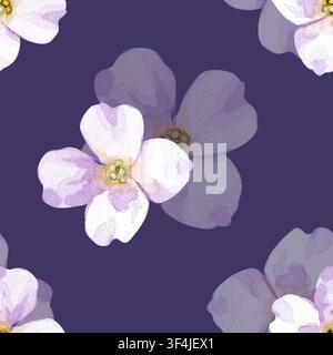 Seamless watercolor pattern with delicate white flowers. Hand-painted botanical illustration on a dark purple background. Perfect for baby apparel Stock Photo