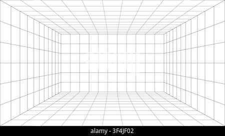 Grid perspective room with wireframe box interior and geometric space background lines forming an empty three dimensional architectural structure Stock Vector