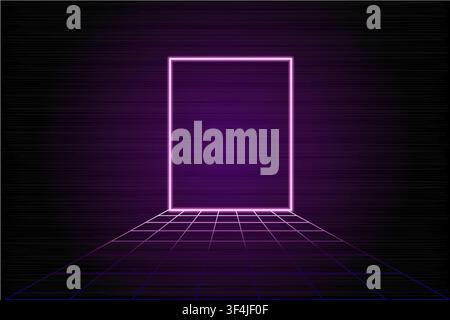 Neon portal grid perspective with purple futuristic retro frame and glowing background creating an empty virtual entrance in dark cyberspace Stock Vector