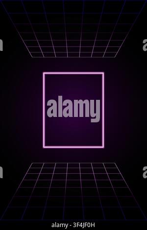 Neon portal frame in purple grid perspective room with futuristic vertical background featuring glowing floor and ceiling lines Stock Vector