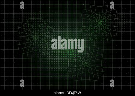 Distorted binary grid matrix in a green digital perspective background with optical illusion and three warped focal points Stock Vector