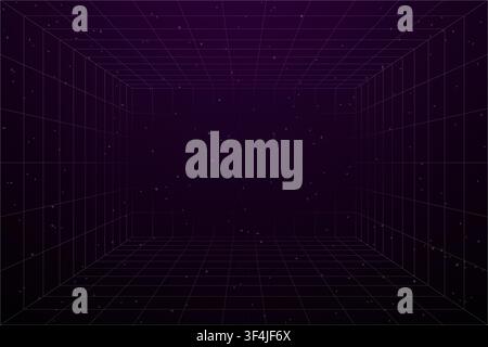 Purple wireframe room interior with grid perspective depth space particles and dark background forming an empty futuristic dimensional box Stock Vector