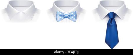 White shirt collars with bow tie and necktie set. Realistic formal fashion elements isolated on white background Stock Vector