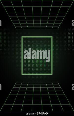 Green binary code portal frame in a futuristic vertical matrix grid background creating a glowing entrance to digital cyberspace Stock Vector