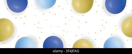 Blue and yellow balloons with golden confetti border on white background, festive celebration template with copy space Stock Vector