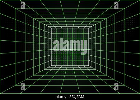 Wireframe cube room with green binary matrix grid in a digital perspective background forming a deep futuristic data space Stock Vector