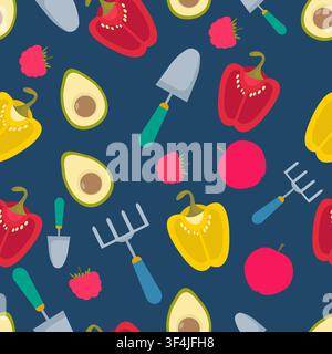 Vector seamless pattern with gardening tools, fruits and vegetables on blue background. Wallpaper, textile design Stock Vector