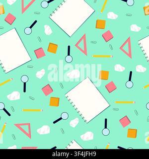 Various stationery items on turquoise background, vector seamless pattern. Office supplies backdrop. Wallpaper design Stock Vector