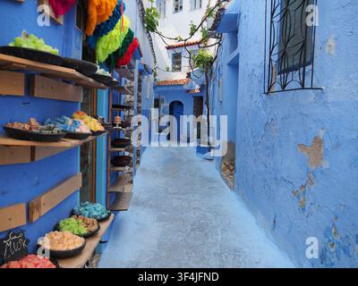 Small street painted blue in Chefchaouen, Morocco Stock Photo