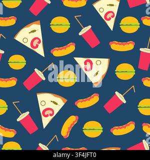 Fast food and soda drinks on blue background, flat style vector seamless pattern. Trendy fabric or wallpaper design Stock Vector