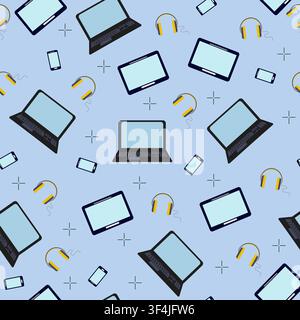 Vector seamless pattern with laptop computers, headphones and mobile devices on color background. Wallpaper design idea Stock Vector