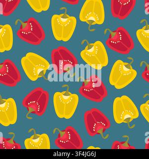 Different bell peppers on grey background, vector seamless pattern. Vegetable repeat backdrop. Wrapping paper design Stock Vector