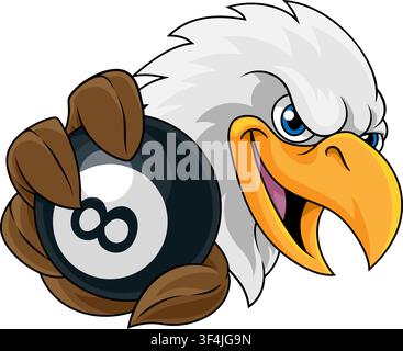 A bald eagle bird eight ball pool billiards sports team mascot holding an 8 ball. Stock Vector