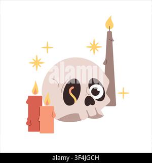 Vector illustration of a human skull candle with a burning flame, hand ...