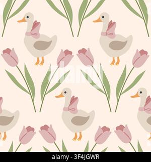 Cute, spring, cozy pattern with tulips and duck Stock Vector