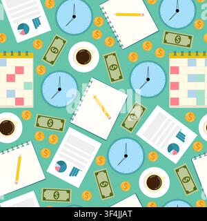 Money, documents, clocks and office items on turquoise background, vector seamless pattern. Business and finance Stock Vector