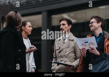 Business colleagues having an outdoor meeting and discussion near an office building Stock Photo