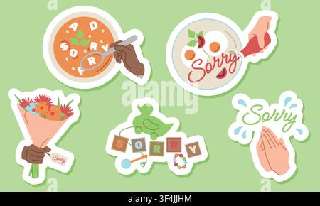 A set of apology stickers. Different types of forgiveness. I am sorry. Vector illustration Stock Vector