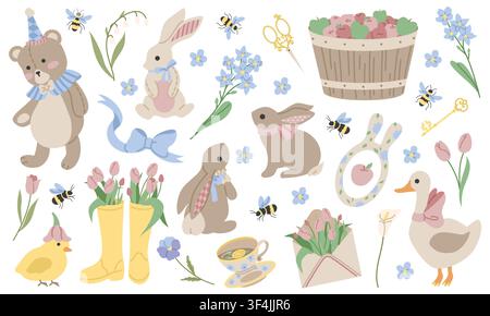Vector spring set. Flat design. Cute spring badges Stock Vector