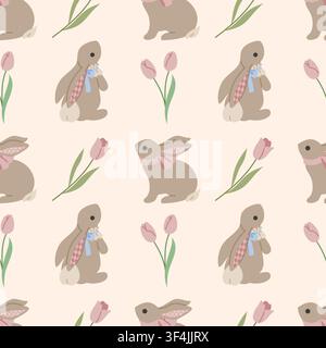 Cute pattern with bunnies and wildflowers Stock Vector