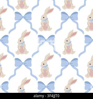 Cute, spring, cozy pattern with blue bow and bunny Stock Vector