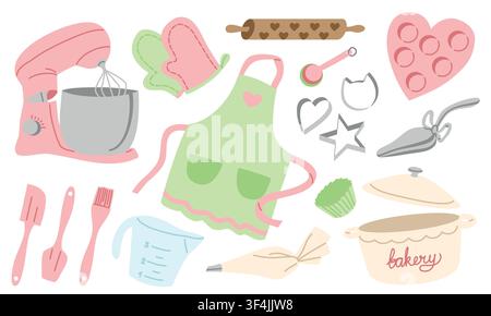 Baking Equipment Collection with Cute Elements Stock Vector