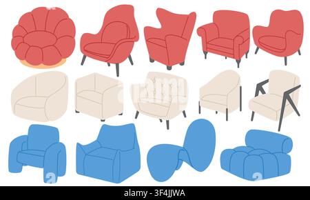 Modern Armchairs Collection Flat Illustration Set Stock Vector