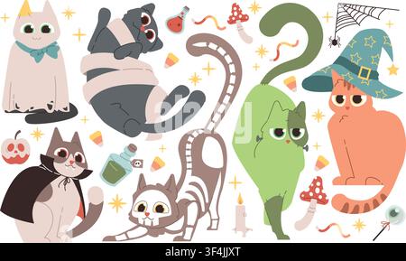 Halloween vector set with cats. For scrapbooking  Stock Vector