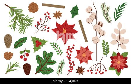 Christmas leaves and branches. Winter plants Stock Vector