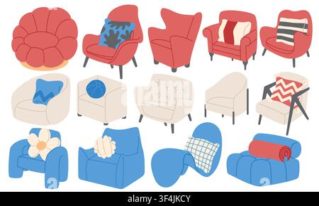 Modern Armchairs Collection Flat Set with Pillows Stock Vector