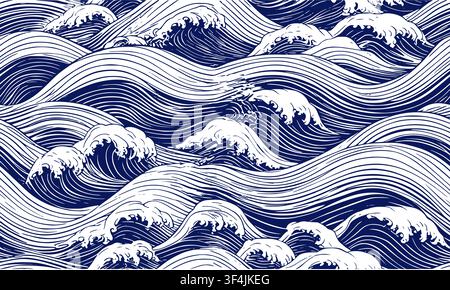 waves of dark blue with white foam, sketch. Vector illustration. Seamless pattern of the sea or ocean, isolated on a white background. For prints on t Stock Vector