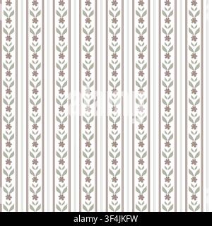 Floral ornament, seamless pattern. Vector illustration. A pattern of purple flowers and green leaves, vertical stripes isolated on a white background. Stock Vector
