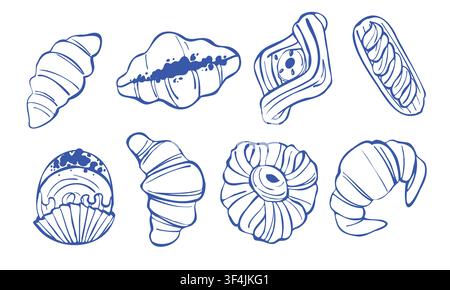 Croissants and Pastries Outline Doodle Set Stock Vector