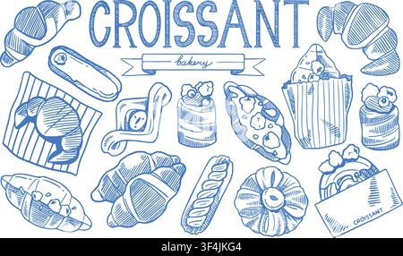Hand Drawn Bakery Set with Croissants and Pastries Stock Vector