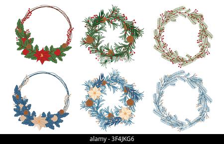 Set Christmas wreaths in natural and blue colors Stock Vector
