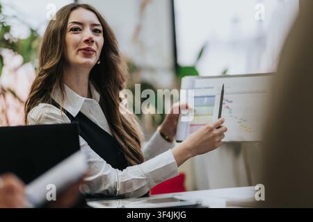 Person presenting a project timeline in a business meeting while pointing at a printed schedule in an office Stock Photo