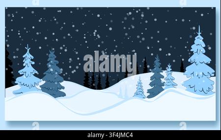 Minimalist Winter Landscape Vector Flat Illustration with Snow Covered Pine Trees and Falling Snow at Night for Christmas Background Copy Space Asset Stock Vector