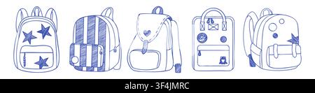 Cute School Backpack Doodle Set Stock Vector