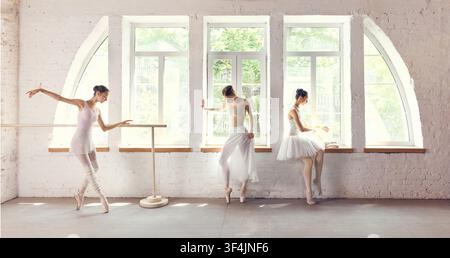 Three ballet dancers practicing at barre in sunlit studio Stock Photo