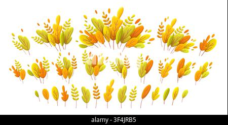 Set of autumn 3D leaf vector elements with warm yellow, lime, and orange colors. Isolated foliage compositions and individual leaves form a playful Stock Vector
