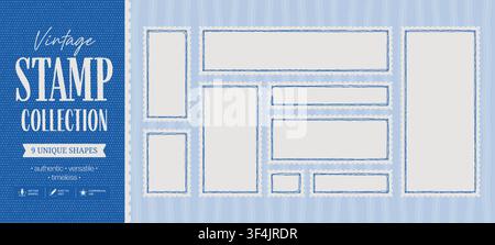 Post stamp border collection vector banner with vintage title block and blue palette. Perforated frame shapes form a clean philatelic presentation Stock Vector