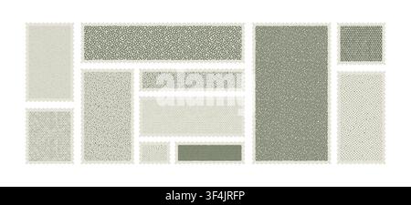 Post stamp border set vector on white background with assorted vertical and horizontal formats. Perforated frames and textured fills create a Stock Vector