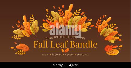 Fall leaf bundle cover vector on a dark brown background with layered 3D foliage. Warm yellow and orange leaf compositions frame elegant seasonal Stock Vector