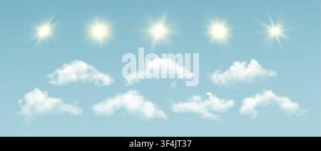 Set of realistic clouds and bright sun lights vector elements on blue background. White fluffy cloud shapes and soft glow effects form a dreamy sky Stock Vector